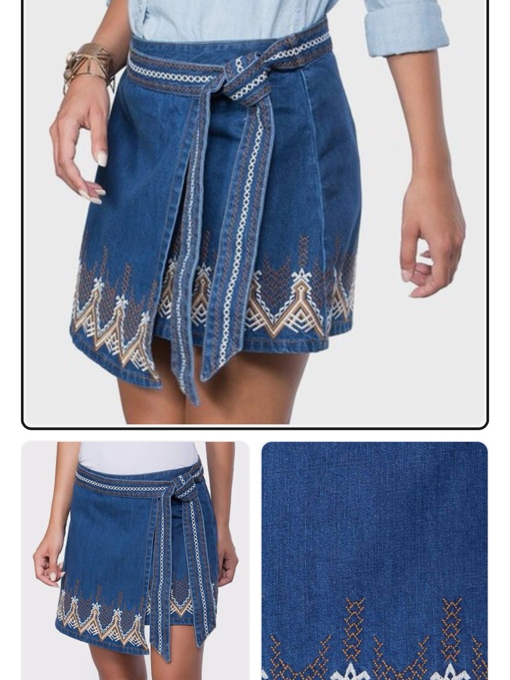 Free People “Dream Away Hendrix” Embroidered Denim Wrap Mini Skirt w/ Waist Tie - Picture 5 of 7